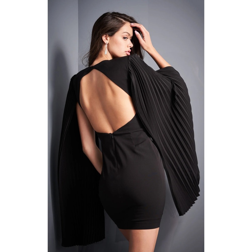 Jovani Pleated Cape Sleeves Mini Dress Size 12 Black Cocktail Party Formal 00755
